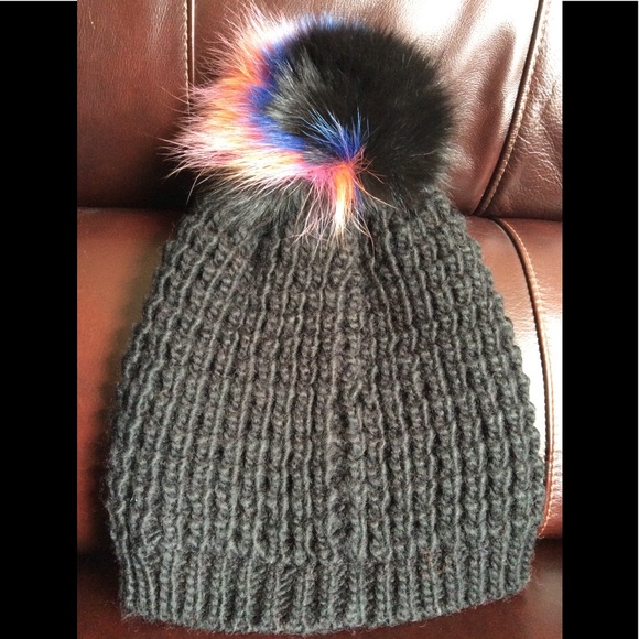 Black Beanie With genuine Mixed Colorful Pompom main image 7